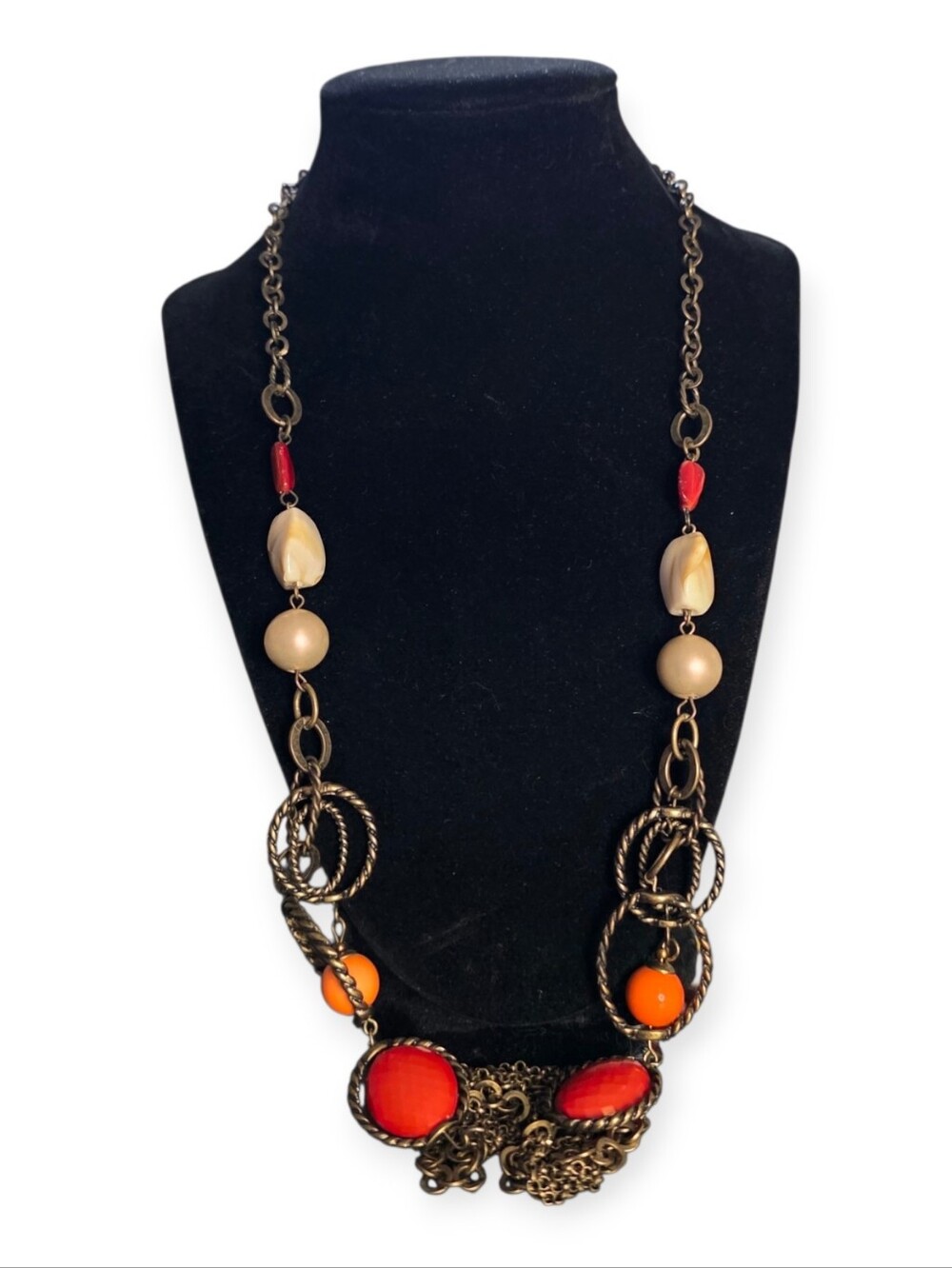 Ruby Rd Stamped Bronze Tone Long Statement Necklace Red Beads Layered Chains 32"